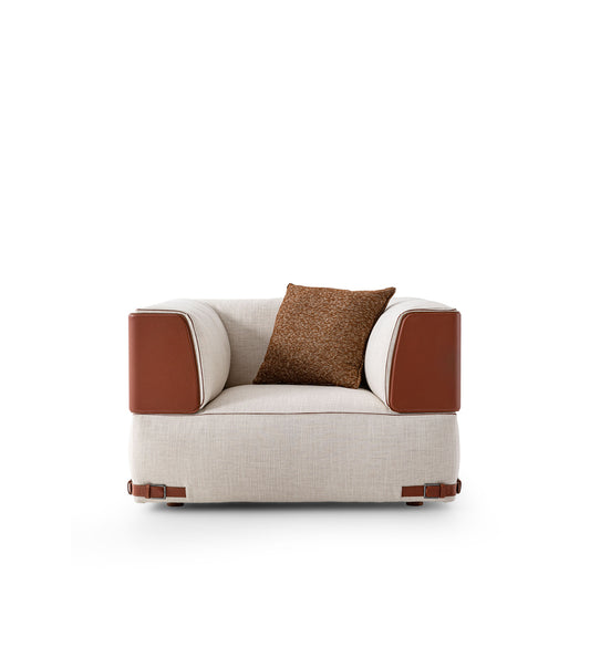 Luxury armchair with compact cubic design, fabric seat and leather armrests, refined contemporary furniture, Fendi Casa