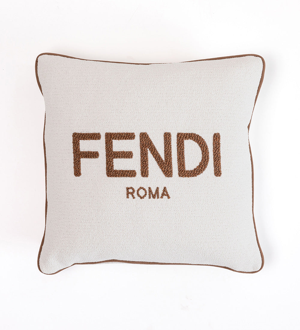 Luxury bouclé cushion with Fendi Roma logo, refined Italian design accent for contemporary furniture Fendi Casa