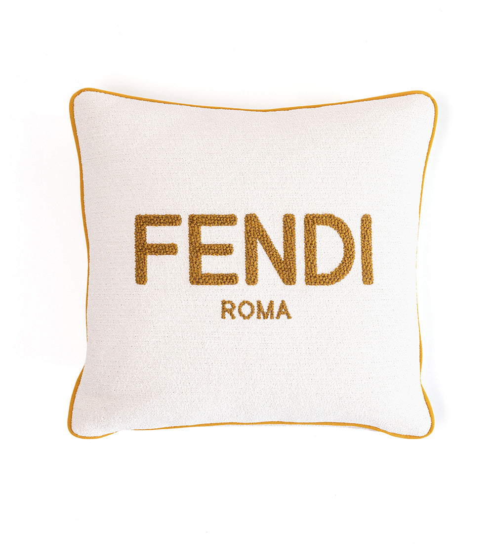 Luxury bouclé cushion with Fendi Roma logo and contrast piping, elegant design accessory for furniture Fendi Casa