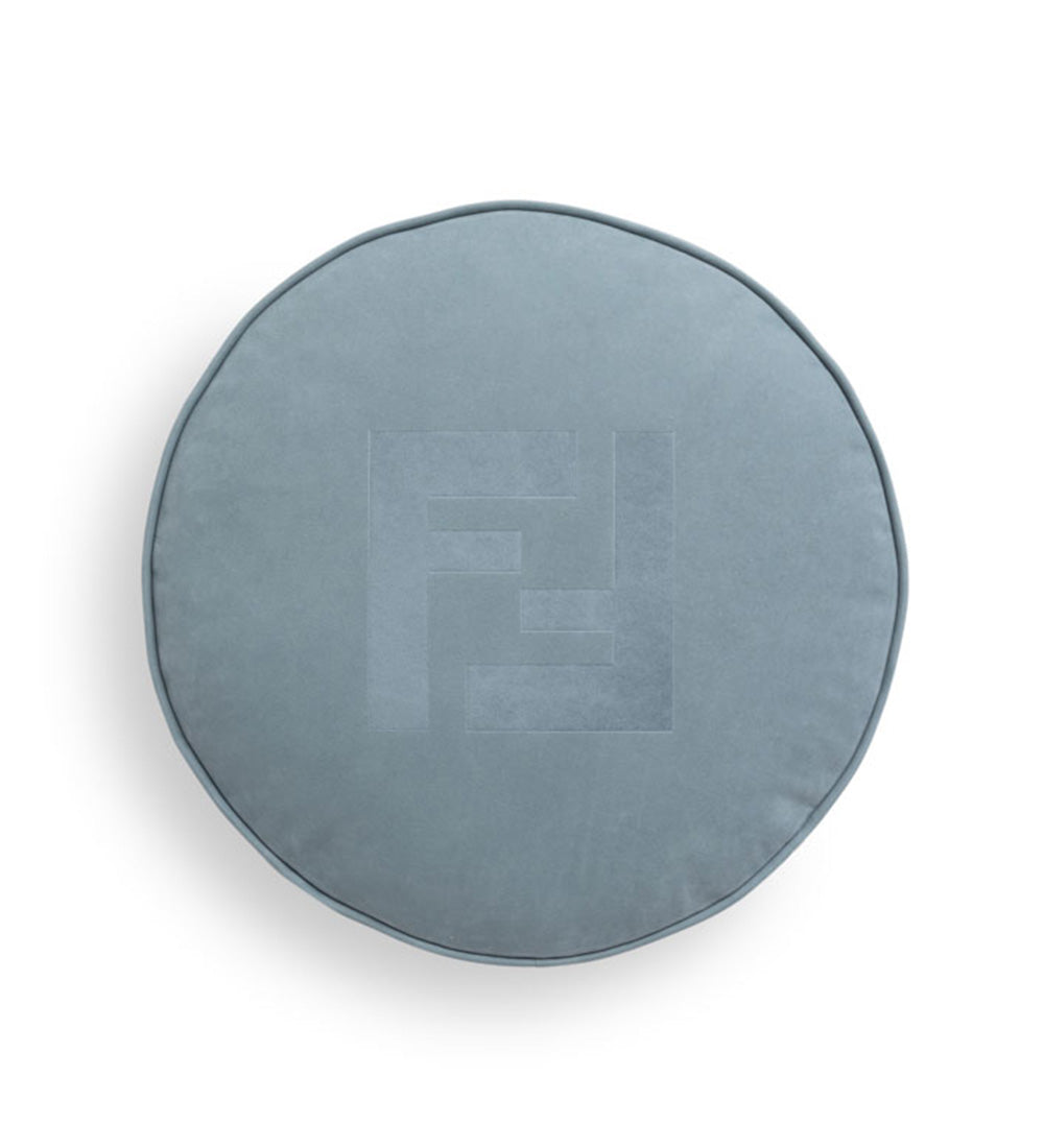 Round luxury cushion in blue fabric with FF motif, iconic design accessory for high-end furniture collections – Fendi Casa