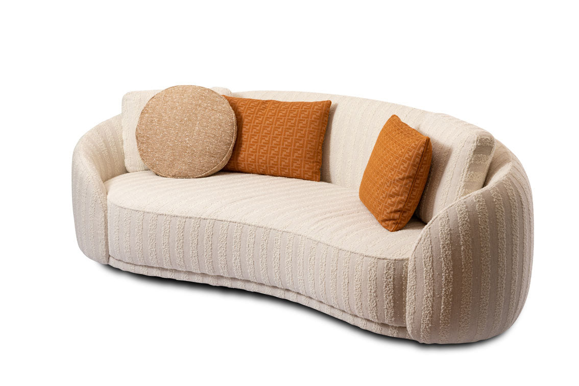 Luxury curved sofa with soft volumes and textured fabric, elegant contemporary furniture design Fendi Casa