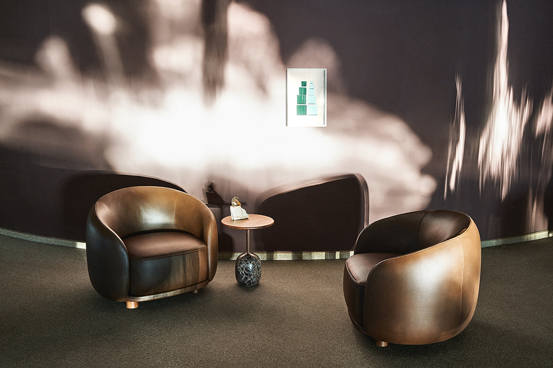 Luxury lounge setting with sculptural armchairs and refined materials, contemporary interior design furniture, Fendi Casa