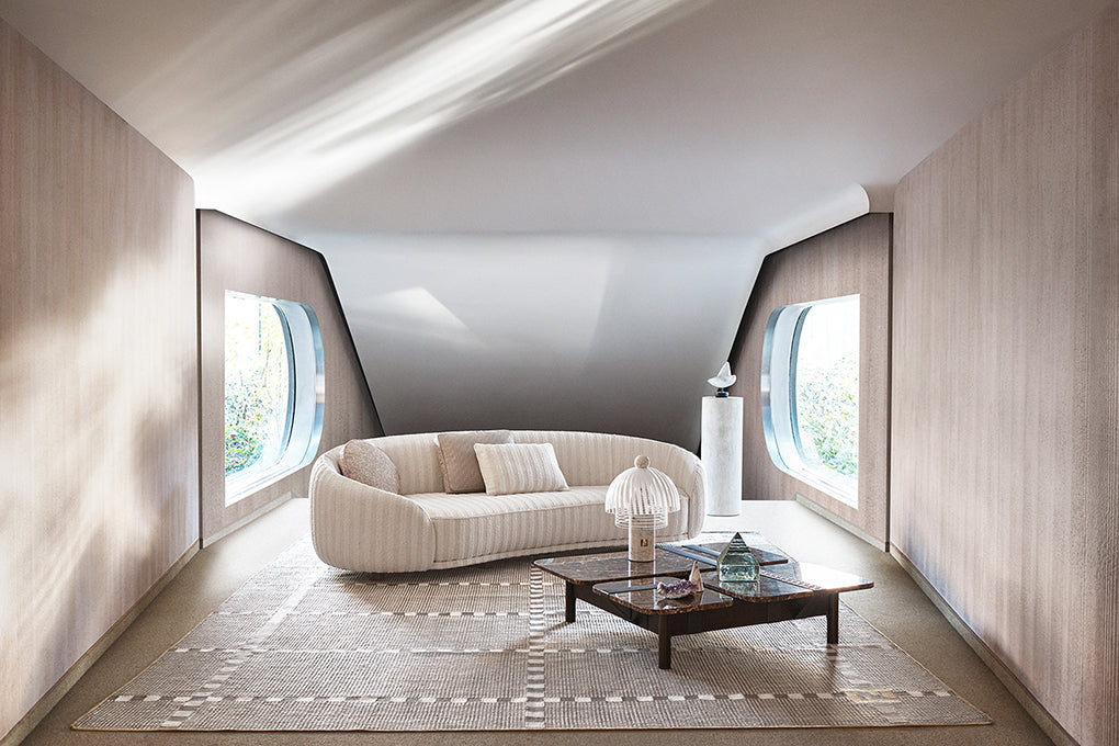 Luxury living room with curved sofa and refined architecture, contemporary interior design furniture Fendi Casa