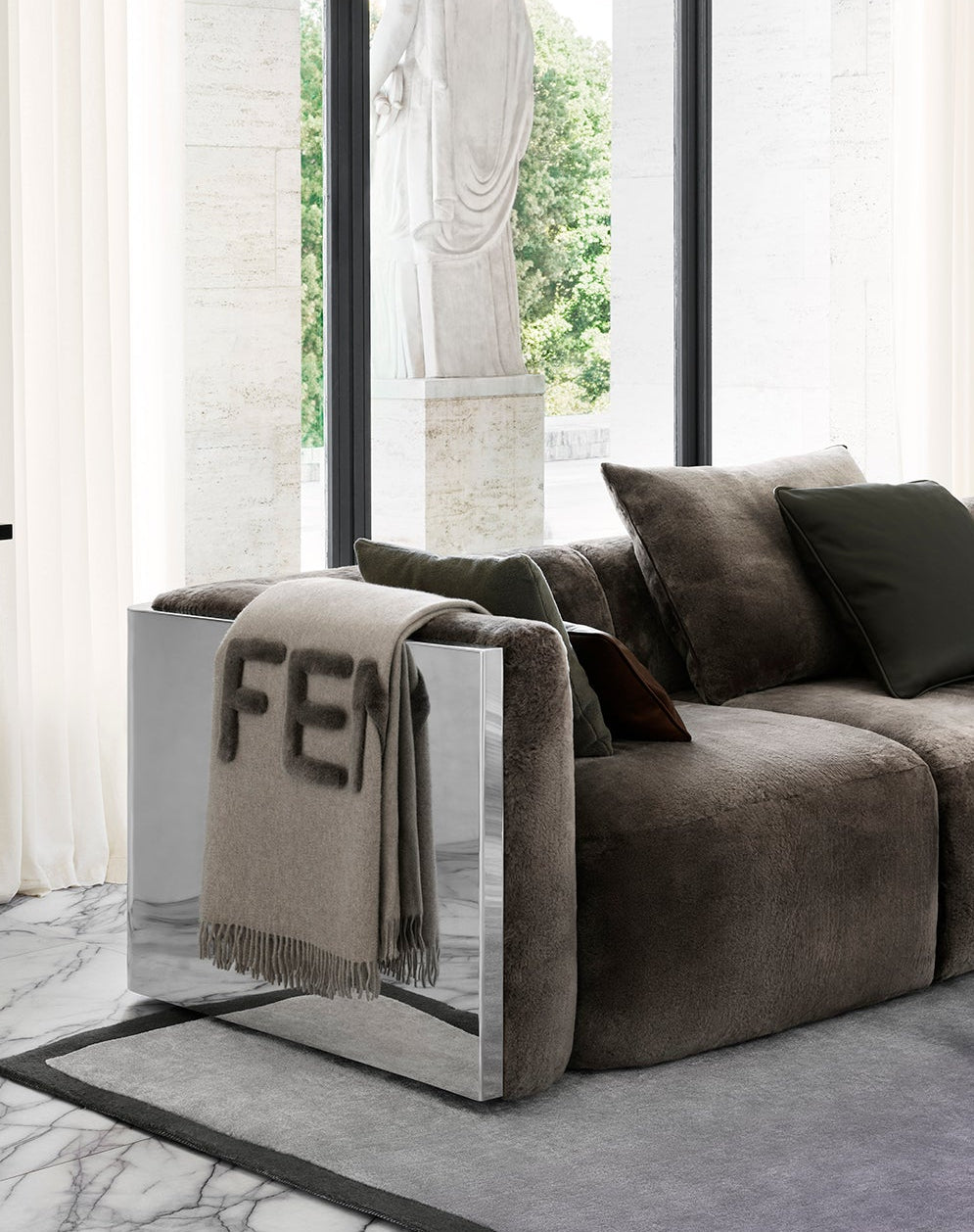 Luxury designer sofa with mirrored metal frame and plush seating, contemporary Italian furniture for elegant interiors - Fendi Casa